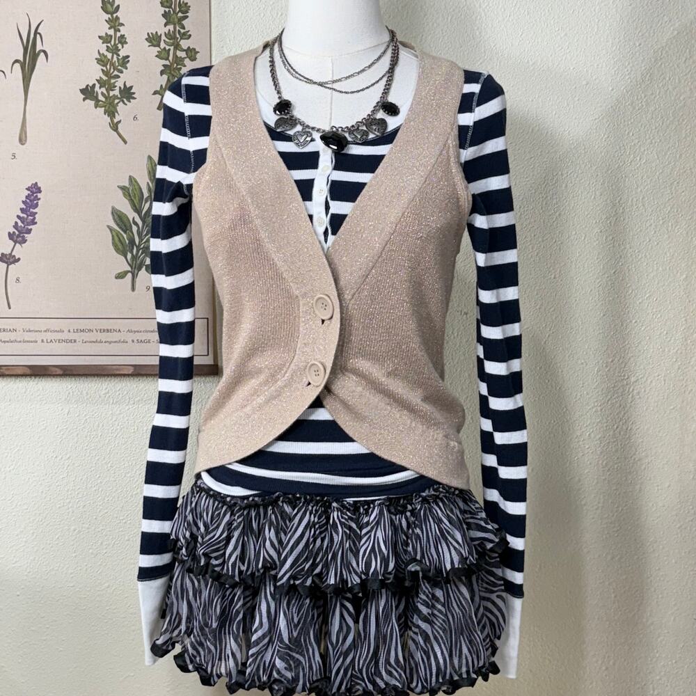 Vtg 90s Y2k Gold Metallic Knit Button Up Vest Fairy Grunge Trashy McBling S M - Picture 2 of 5